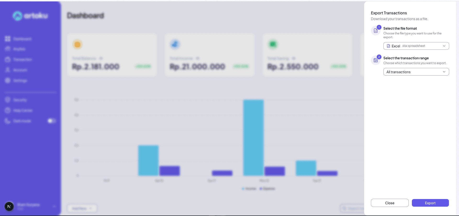 Panel export transaksi Artoku dengan pilihan format file dan rentang transaksi