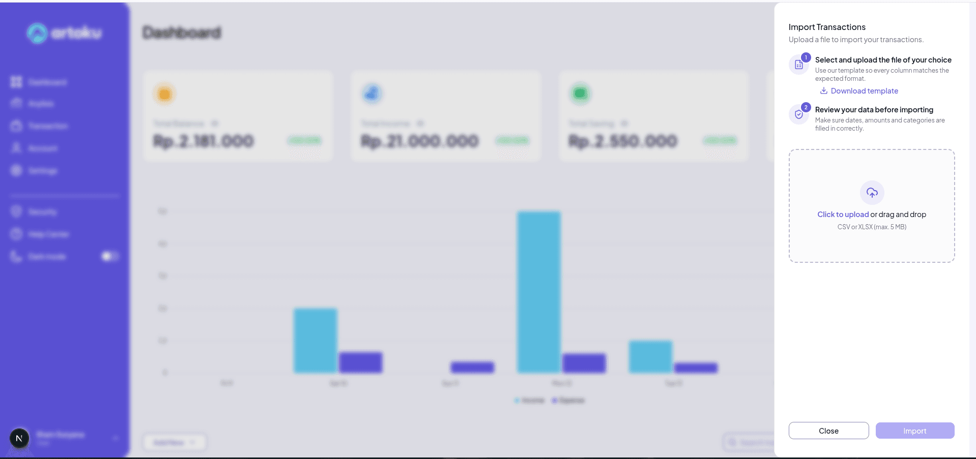 Panel import transaksi Artoku dengan unggah file CSV atau XLSX